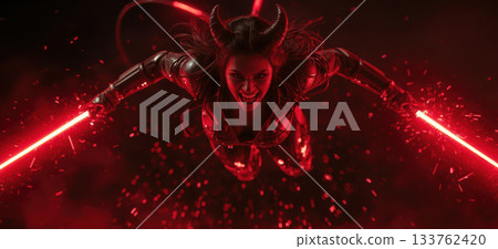 Evil Cyber Demon Flying with Twin Red Energy Blades 133762420
