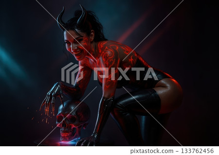 Sinister Demon Woman Resting Arm on Glowing Skull 133762456