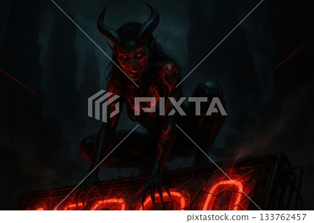Crouching Demon Gargoyle on Neon Sign Against Dark City 133762457