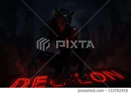 Demonic Creature Crouching on Glowing Neon Sign at Night 133762458