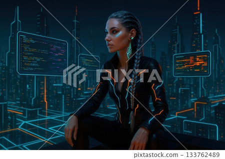 Cyberpunk Woman Seated Above City Looking at Holographic Code Screens 133762489