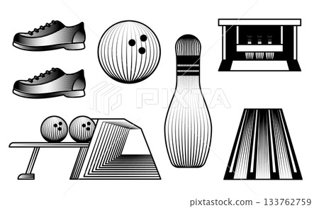 Hand drawn vector illustration set bowling alley items pins ball shoes and lane perspective in vintage engraving style black and white etching Hand drawn vector illustration set bowling alley items pins ball shoes and lane perspective in vintage engraving style black and white etching 133762759