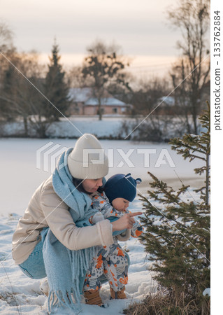 Mother and Baby in Winter Wonderland 133762884
