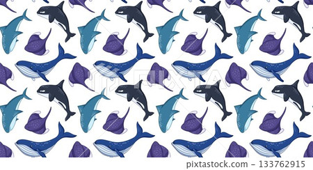 Seamless cartoon style seamless pattern with humpback whale, shark, stingray fish and killer whale swimming in the ocean. Background for underwater and sea themed design. 133762915