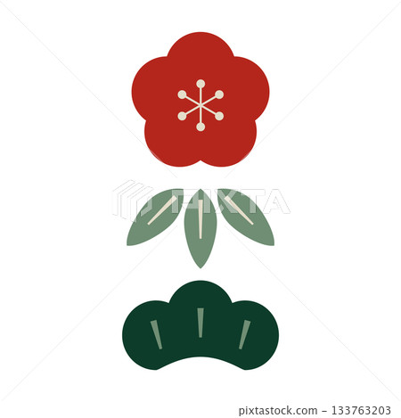 簡潔可愛的松樹、竹子和梅花向量圖 133763203