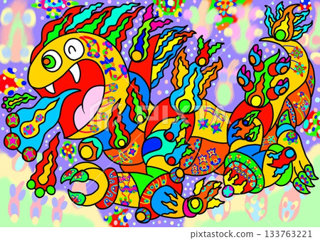 A colorful fire dragon spitting colorful flames with background 133763221