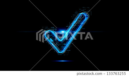 Futuristic blue check mark with holographic interface data elements glowing for artificial intelligence decision and analysis concept Futuristic blue check mark with holographic interface data elements glowing for artificial intelligence decision and analysis concept 133763255