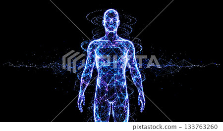 3d illustration digital human body silhouette glowing blue network lines particles black background artificial intelligence bio technology science cyber identity 133763260