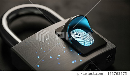modern biometric padlock with blue glowing fingerprint scanner security technology privacy protection safety concept access control identity verification modern biometric padlock with blue glowing fingerprint scanner security technology privacy protection safety concept access control identity verification 133763275