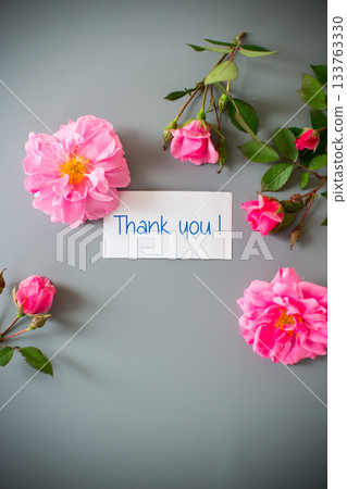 Pink petals and branches with buds with gratitude 133763330