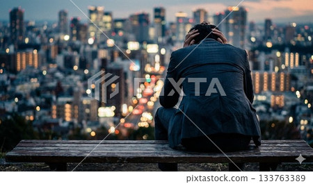 夜幕降臨，城市中一位身穿西裝的男子背對著鏡頭，雙手抱頭，神情憂慮。 133763389