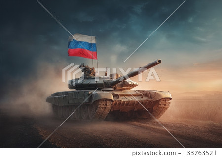 t90 tank in the middle of a dusty road 133763521