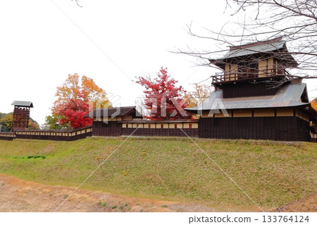 The two-story tower of Sakai Castle surrounded by autumn leaves 133764124