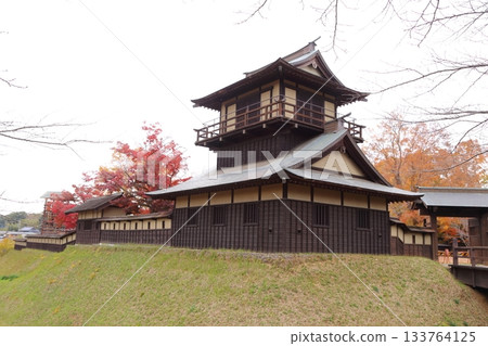 The two-story tower of Sakai Castle surrounded by autumn leaves 133764125