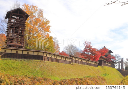 Sakai Castle walls and Iro Yagura surrounded by autumn leaves 133764145
