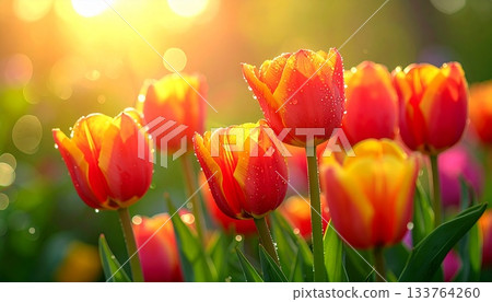 Ultra high-definition macro photo of a cluster of vibrant red and yellow tulips with dew and blurred background 133764260