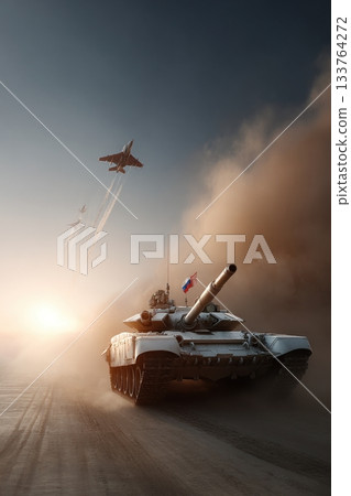 t90 tank in the middle of a dusty road 133764272