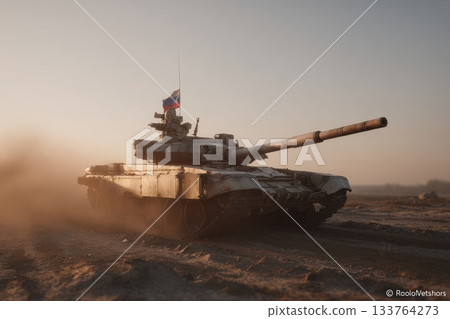 t90 tank in the middle of a dusty road 133764273