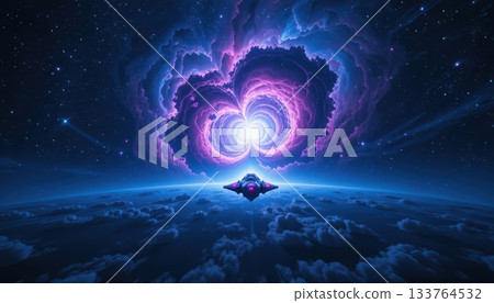Small Ship Approaching a Bright Pink and Purple Energy Portal 133764532