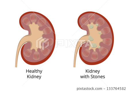 Healthy kidney compared to kidney with kidney stones forming inside 133764582