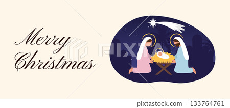 Merry Christmas Nativity Banner with Holy Family, Manger Scene and Star of Bethlehem in Night Sky Merry Christmas Nativity Banner with Holy Family, Manger Scene and Star of Bethlehem in Night Sky 133764761