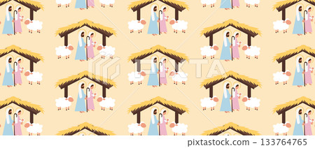 Seamless Christmas Nativity Pattern with Holy Family. Barn and Mary, Joseph, Baby Jesus in Cute Pastel Style 133764765