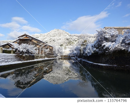 白雪皚皚的城鎮景色及其在河面上的倒影 白雪皚皚的城鎮景色及其在河面上的倒影 133764796