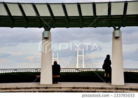 在海港景觀公園，你可以看到雲層中隱約可見的海灣大橋橋墩。 133765033