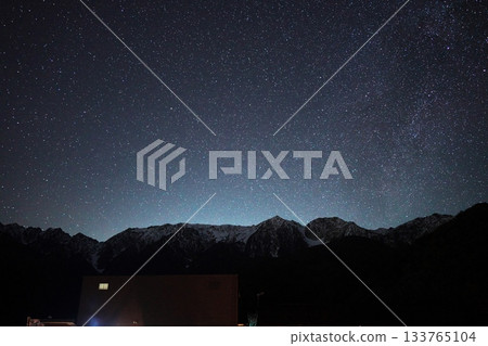 View of the Milky Way sinking behind the Hakuba mountain range from the campsite at Hakuba Iwatake Mountain Resort 133765104