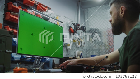 Engineer Using Green Screen For 3D Modeling And Design Software Engineer Using Green Screen For 3D Modeling And Design Software 133765128