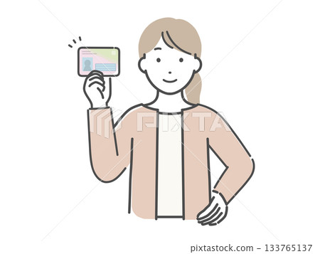 Illustration of a young woman showing her My Number card 133765137