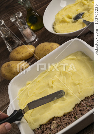 Hachis parmentier, french dish with mashed potato and minced beef 133765229