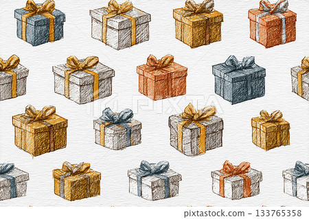 Gift celebration. Seamless pattern. Bright gift boxes. Hand drawn. Minimalist style. 133765358