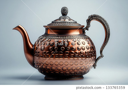 Vintage thing store. Metal vintage teapot in classic style. Food rustic kitchenware. 133765359