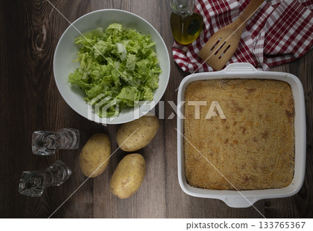Hachis parmentier, french dish with mashed potato and minced beef 133765367