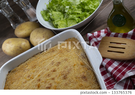 Hachis parmentier, french dish with mashed potato and minced beef 133765376