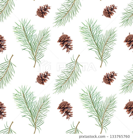 Fir tree branches and brown cones watercolor seamless pattern on isolated background. Winter Xmas pine cones and evergreen twigs ornate for festive wrapping paper, textile design, holiday decoration. Fir tree branches and brown cones watercolor seamless pattern on isolated background. Winter Xmas pine cones and evergreen twigs ornate for festive wrapping paper, textile design, holiday decoration. 133765760