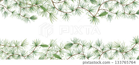 Green pine branches. European Larch or Larix tree (Larix decidua). Beautiful horizontal border with nature theme. Watercolor illustration. Copy space for text. Botanical elements for festive cards Green pine branches. European Larch or Larix tree (Larix decidua). Beautiful horizontal border with nature theme. Watercolor illustration. Copy space for text. Botanical elements for festive cards 133765764