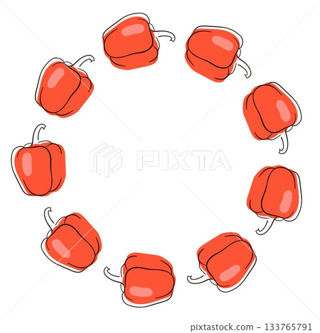 Bulgarian Pepper wreath in flat style. Design for vegan theme isolated on white background. Bulgarian Pepper wreath in flat style. Design for vegan theme isolated on white background. 133765791