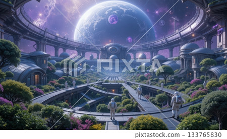 Futuristic City on Distant Planet Under Huge Ringed Purple World Futuristic City on Distant Planet Under Huge Ringed Purple World 133765830