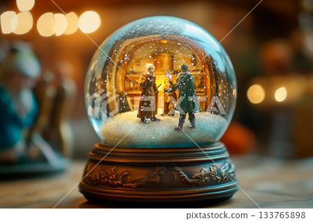 Antique snow globe radiates an eerie glow while showcasing a festive winter scene 133765898