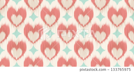 Ikat cute seamless pattern with pink hearts. Abstract lovely vector design print for textile. Rug woven textured ornament on light background. Ikat cute seamless pattern with pink hearts. Abstract lovely vector design print for textile. Rug woven textured ornament on light background. 133765975