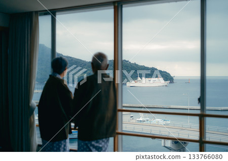 An elderly couple at a hotel looking at the scenery from the window 133766080
