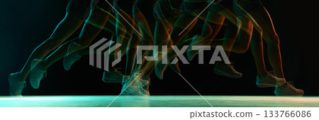 Dynamic runner motion trail with multicolor neon shift. Banner 133766086