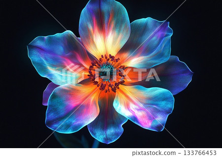 Symmetrical flower with glowing petals shines brightly in a dark setting 133766453