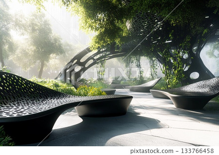 Urban park blends benches with trees for a peaceful escape 133766458