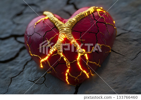 Mending a cracked heart with glowing gold veins in a mystical environment 133766460