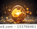 Cracked egg emits soft golden light in a mystical setting 133766461