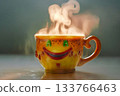 Cheerful coffee cup with steam rising in a warm setting 133766463