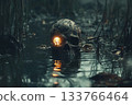 Skeletal figure rises from swamp waters with glowing eyes in dark setting 133766464